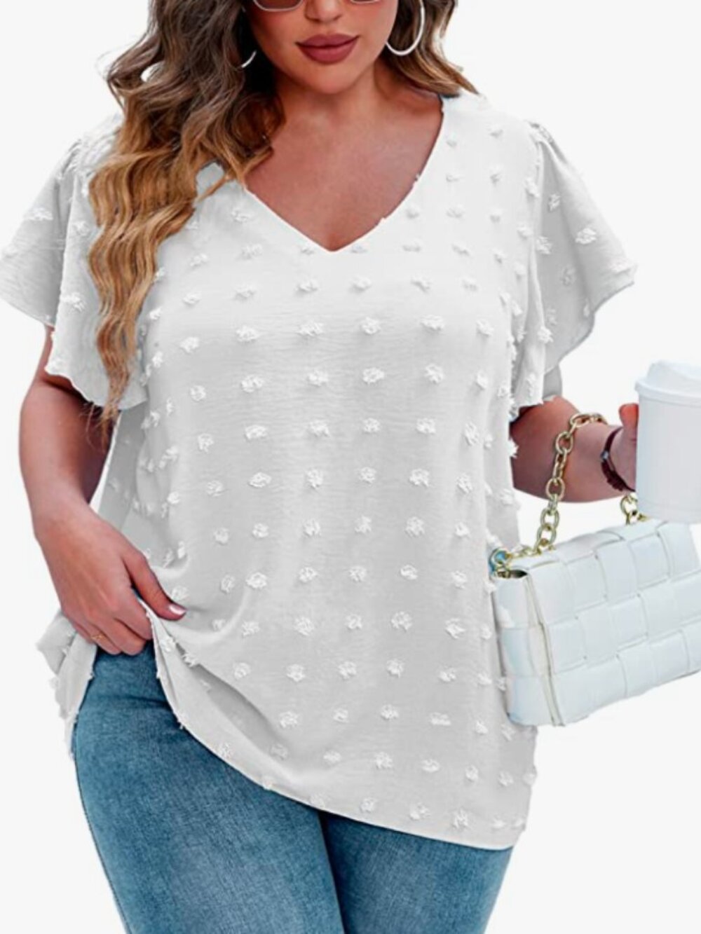 IN'VOLAND Women Plus Size 24W V-Neck Ruffle Sleeves Top White Pom-Poms 57.5"Bust